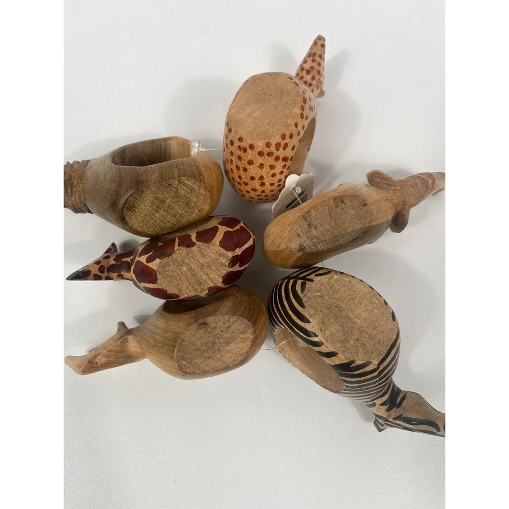 Hand Carved African Safari Animals Wood Napkin Rings Set of 6 Tribal Folk Art